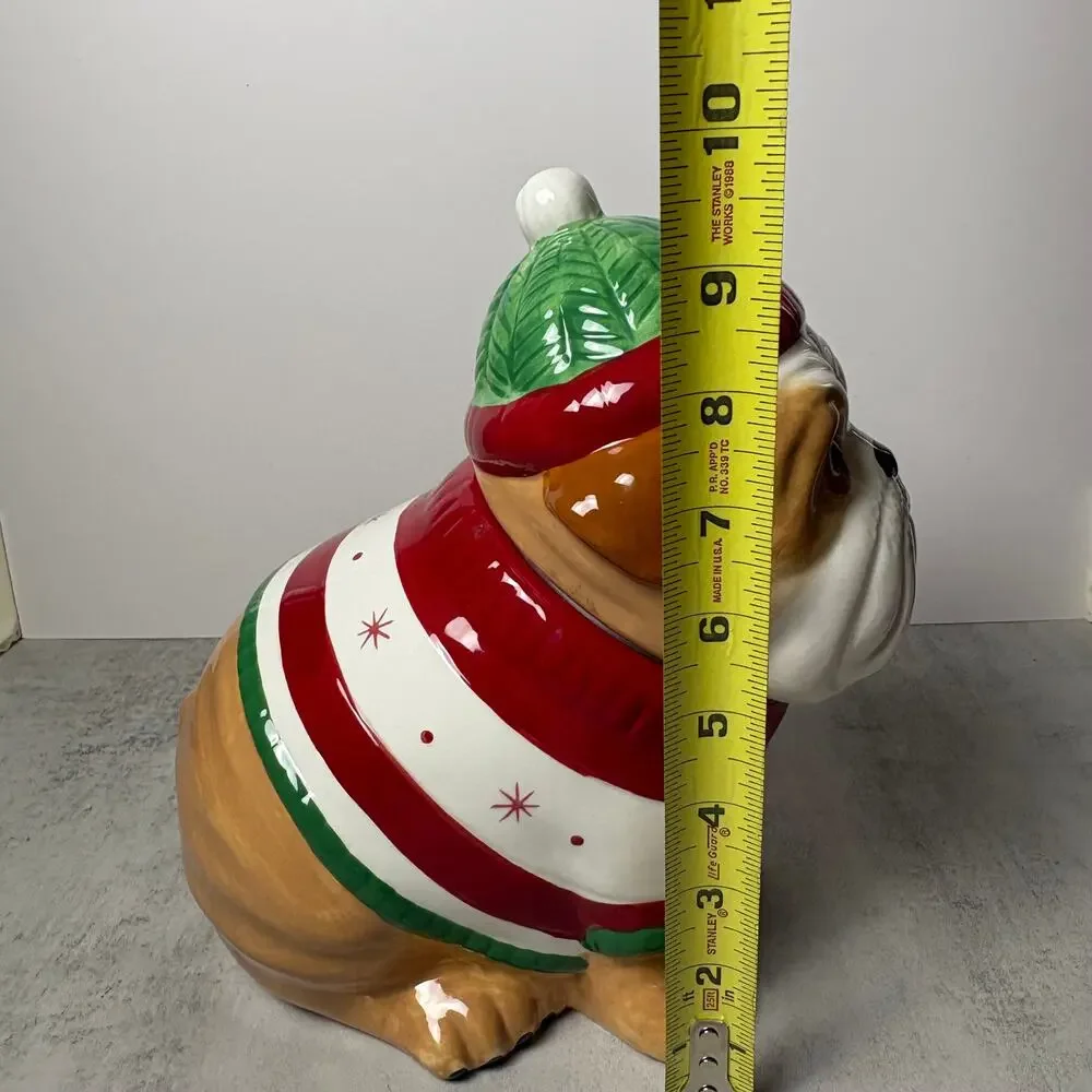 Sleigh Bell Bistro Holiday Hand-Painted Bulldog Ceramic Cookie Jar
